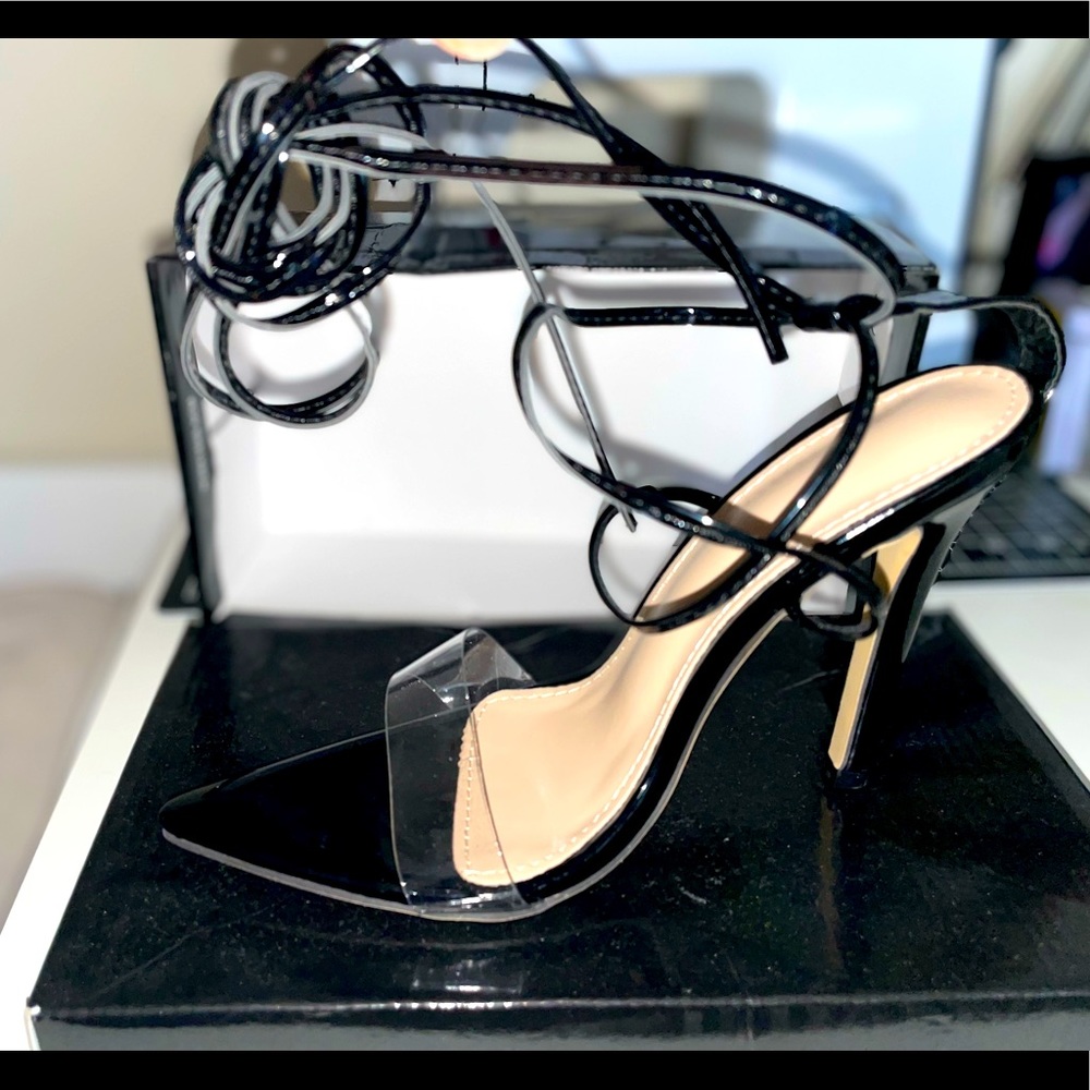 Black clear strap point toe heel